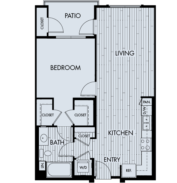 Floor plan for 1 bed, 1 bath, 776 sqft