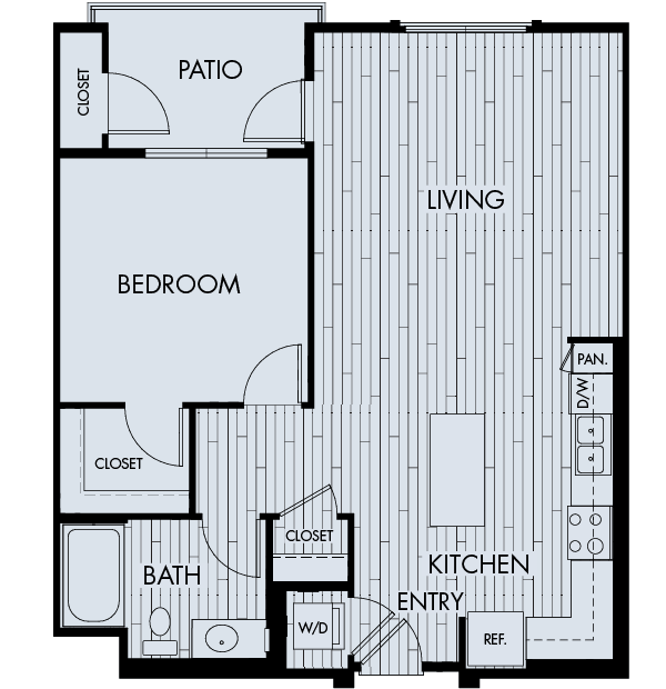Floor plan for 1 bed, 1 bath, 833 sqft