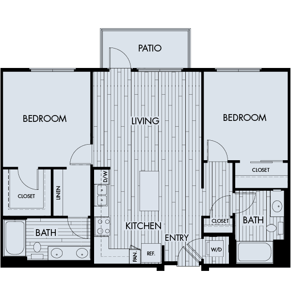 Floor plan for 2 beds, 2 baths, 1103 sqft