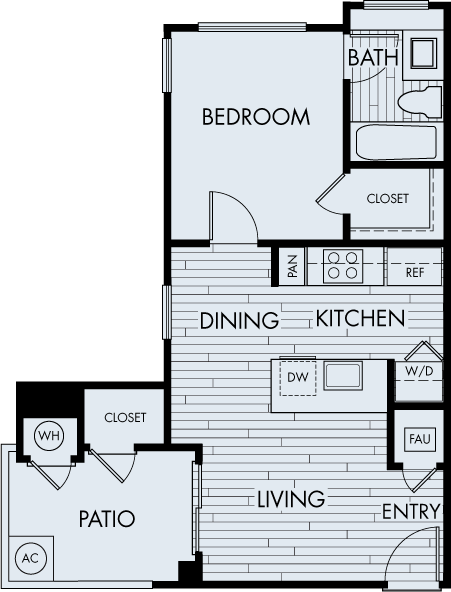 Floor plan for 1 bed, 1 bath, 538 sqft