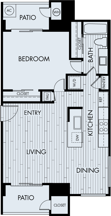 Floor plan for 1 bed, 1 bath, 679 sqft