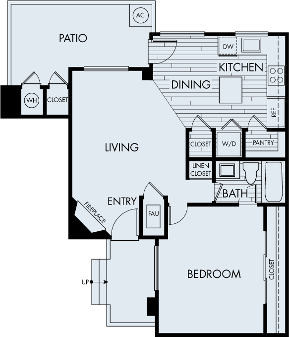 Floor plan for 1 bed, 1 bath, 746 sqft