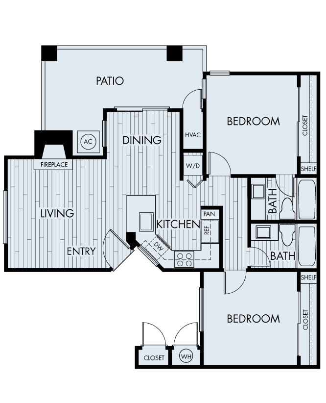 Floor plan for 2 beds, 2 baths, 894 sqft