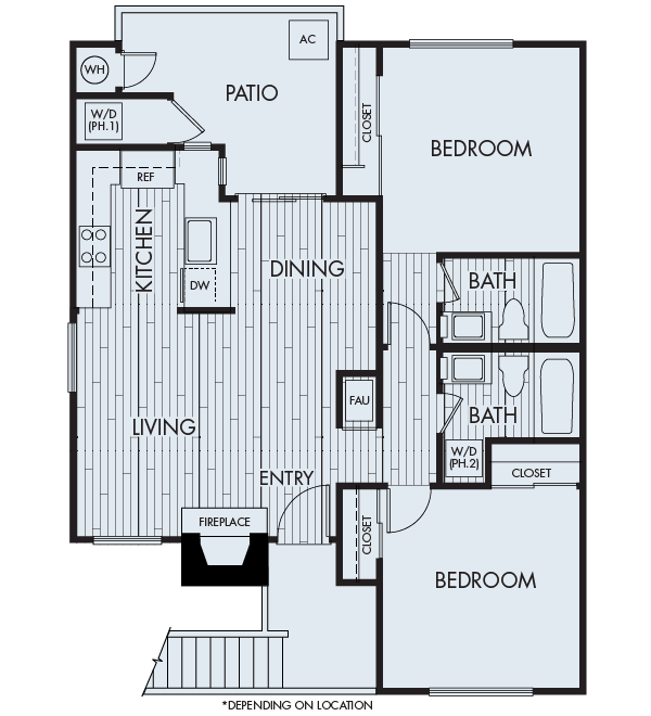 Floor plan for 2 beds, 2 baths, 910 sqft