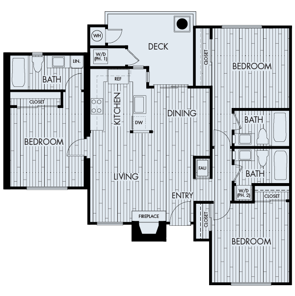 Floor plan for 3 beds, 3 baths, 1135 sqft