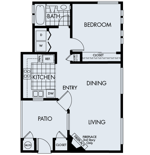 Floor plan for 1 bed, 1 bath, 665 sqft