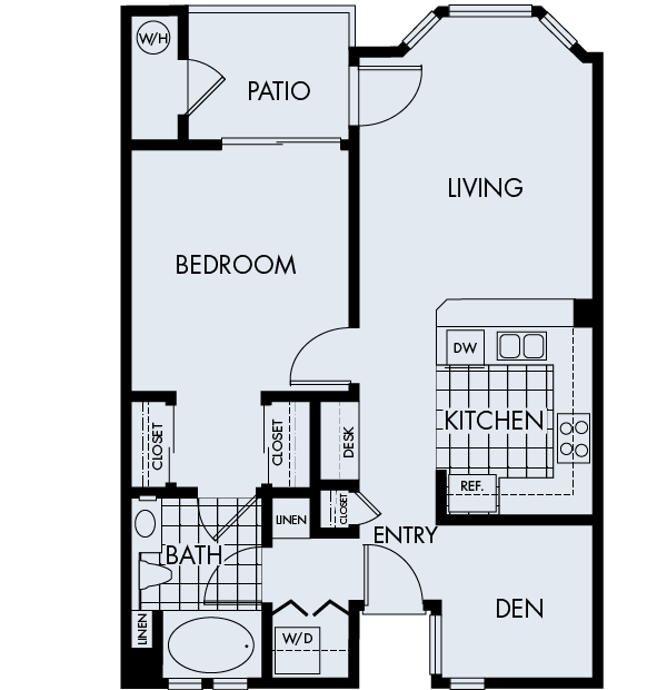 Floor plan for 1 bed, 1 bath, 709 sqft