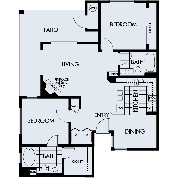 Floor plan for 2 beds, 2 baths, 958 sqft