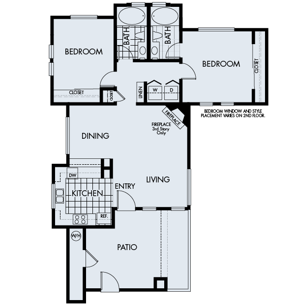 Floor plan for 2 beds, 2 baths, 977 sqft