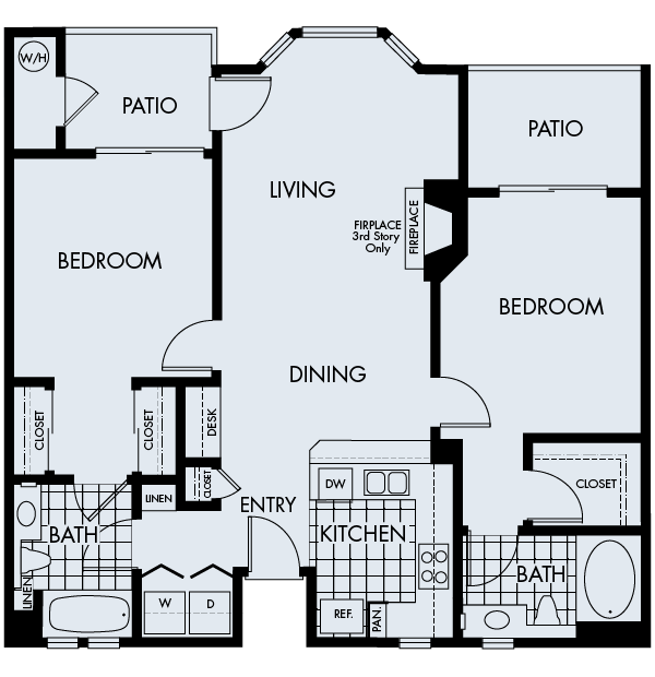 Floor plan for 2 beds, 2 baths, 1008 sqft
