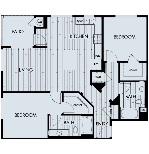 Floor plan for 2 beds, 2 baths, 1268 sqft