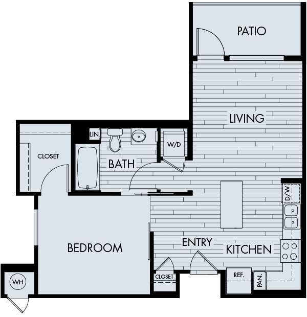 Floor plan for 1 bed, 1 bath, 671 sqft