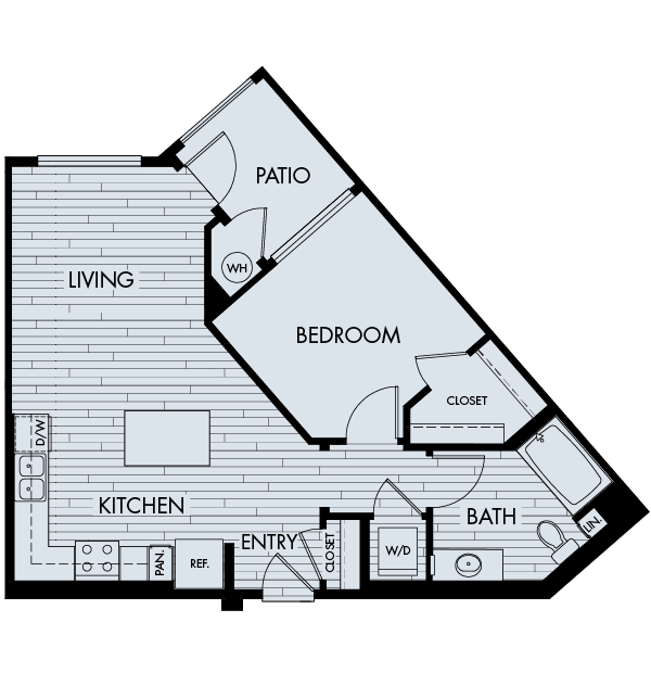 Floor plan for 1 bed, 1 bath, 728 sqft