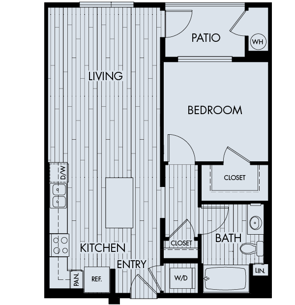Floor plan for 1 bed, 1 bath, 769 sqft
