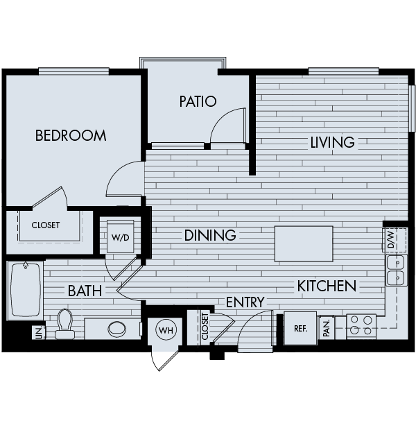 Floor plan for 1 bed, 1 bath, 801 sqft