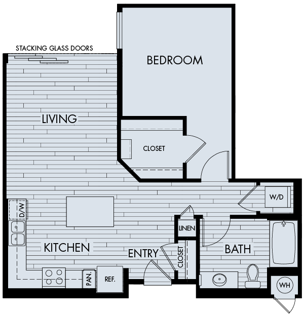 Floor plan for 1 bed, 1 bath, 796 sqft