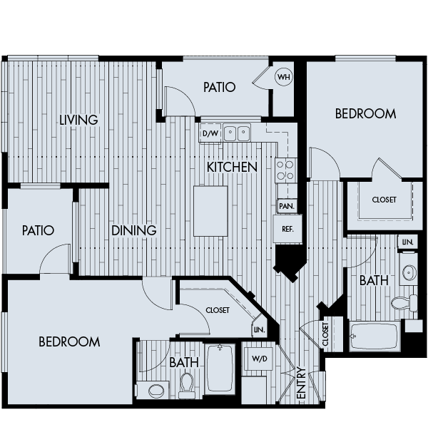 Floor plan for 2 beds, 2 baths, 1266 sqft