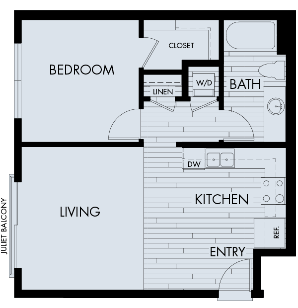 Floor plan for 1 bed, 1 bath, 669 sqft