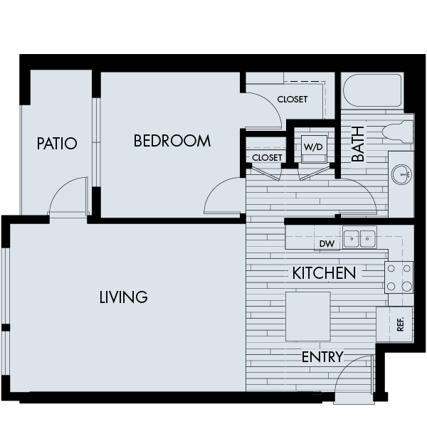 Floor plan for 1 bed, 1 bath, 774 sqft