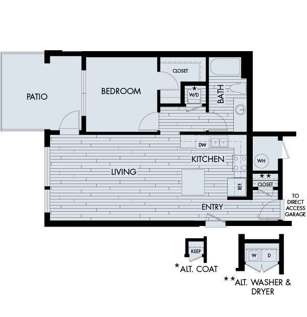Floor plan for 1 bed, 1 bath, 803 sqft