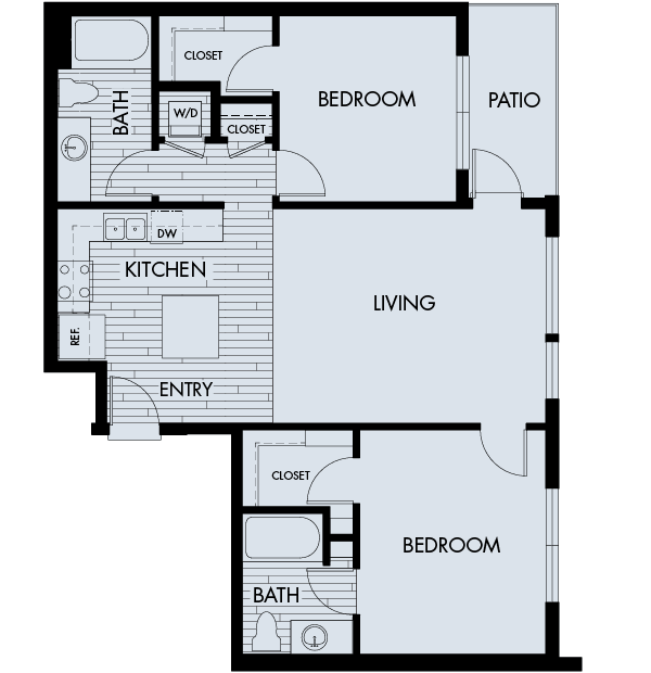 Floor plan for 2 beds, 2 baths, 1022 sqft