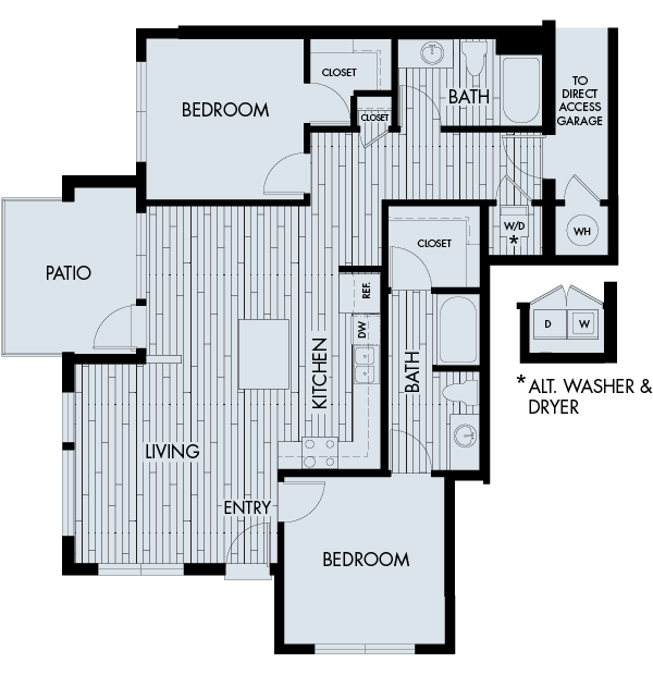 Floor plan for 2 beds, 2 baths, 1114 sqft