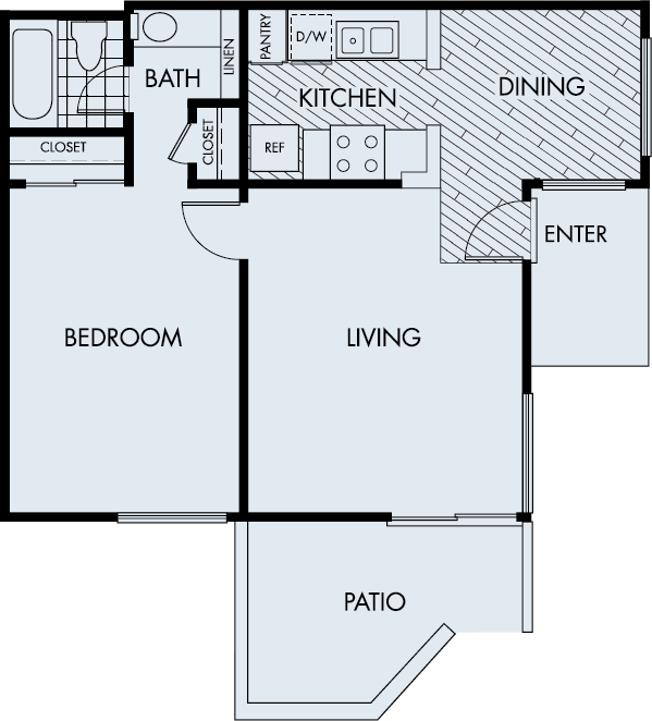 Floor plan for 1 bed, 1 bath, 634 sqft