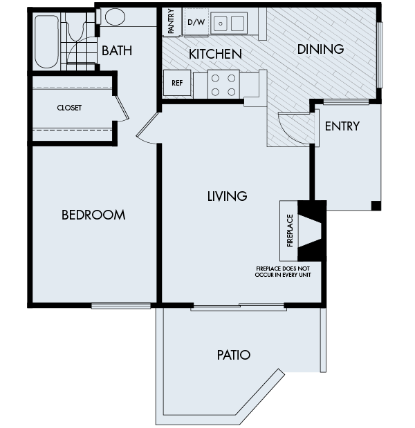 Floor plan for 1 bed, 1 bath, 698 sqft