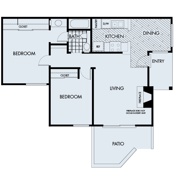 Floor plan for 2 beds, 1 bath, 853 sqft