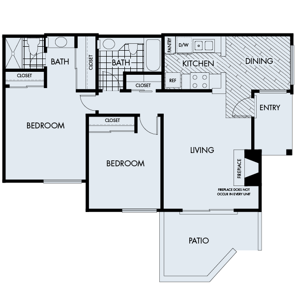 Floor plan for 2 beds, 2 baths, 934 sqft