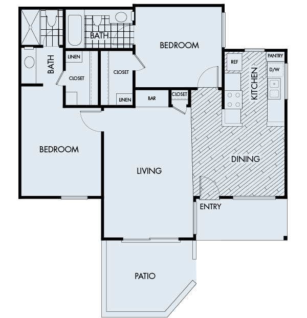 Floor plan for 2 beds, 2 baths, 960 sqft