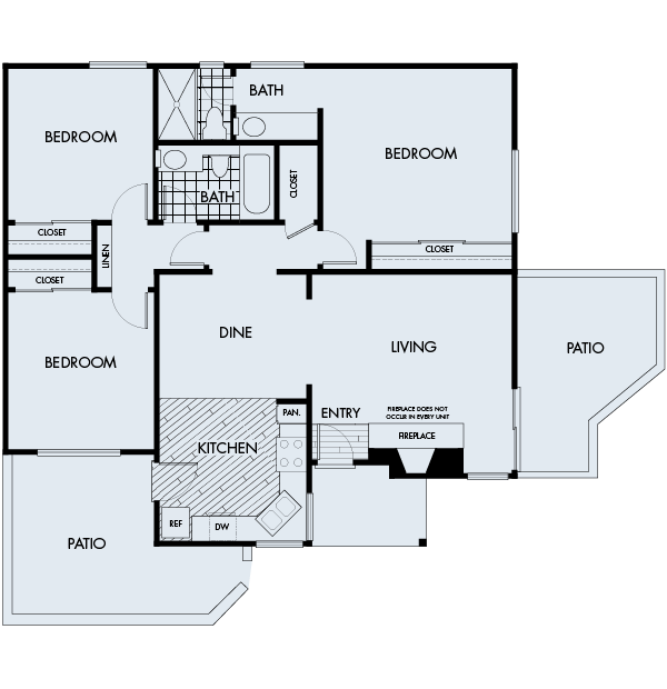 Floor plan for 3 beds, 2 baths, 1164 sqft
