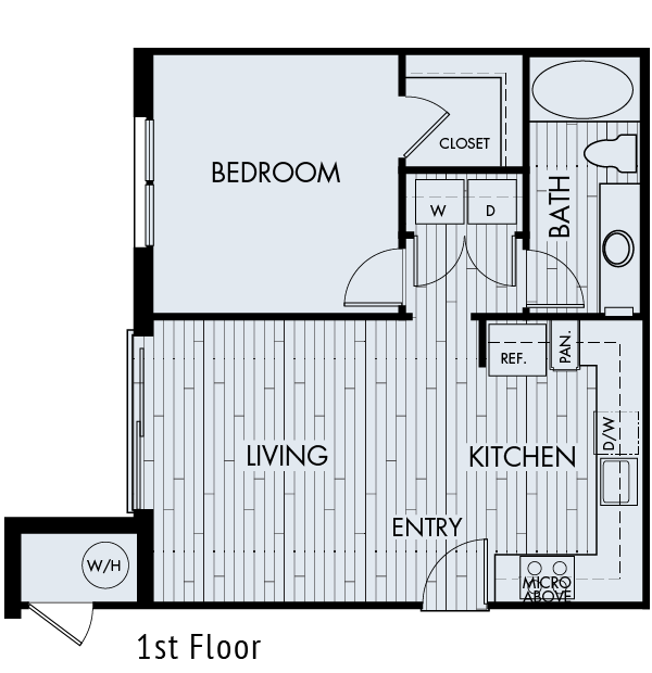 Floor plan for 1 bed, 1 bath, 636 sqft