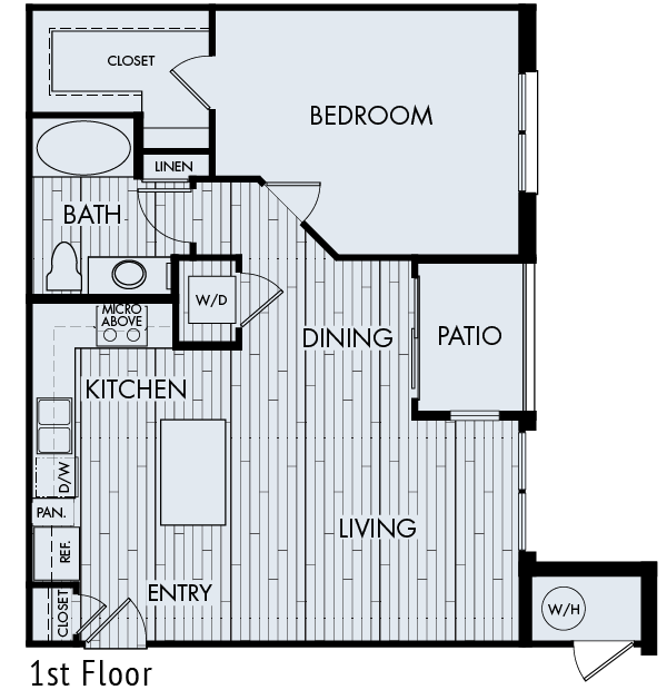 Floor plan for 1 bed, 1 bath, 782 sqft