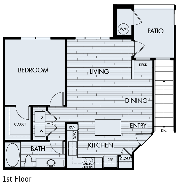 Floor plan for 1 bed, 1 bath, 782 sqft