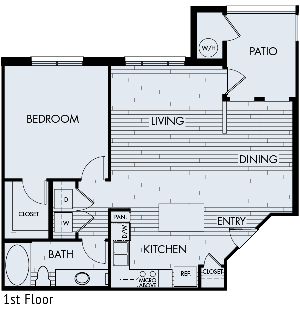 Floor plan for 1 bed, 1 bath, 839 sqft