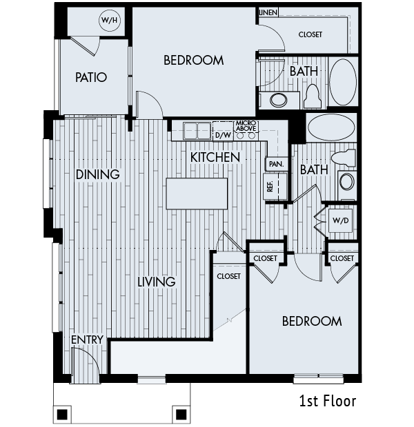 Floor plan for 2 beds, 2 baths, 1075 sqft