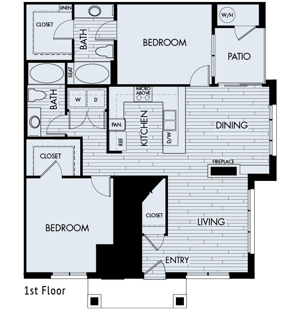 Floor plan for 2 beds, 2 baths, 1153 sqft