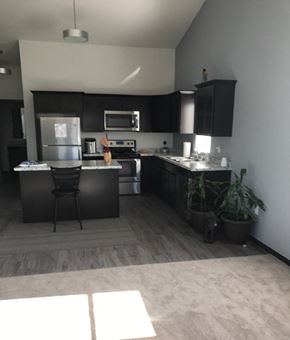 Belle Plaine townhouse for rent - an empty kitchen with black cabinets and stainless steel appliances
