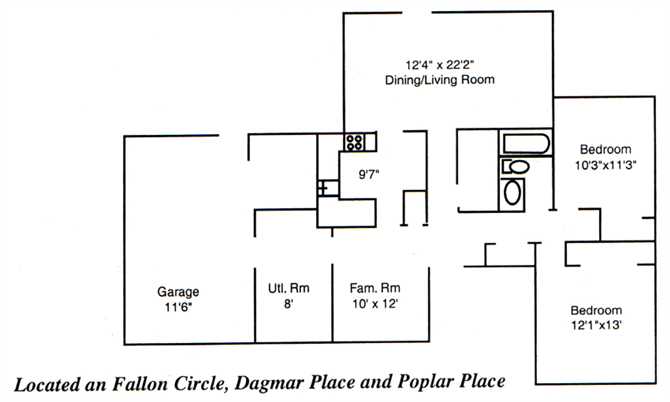 Floor plan for 2 beds, 1 bath, 1104 sqft