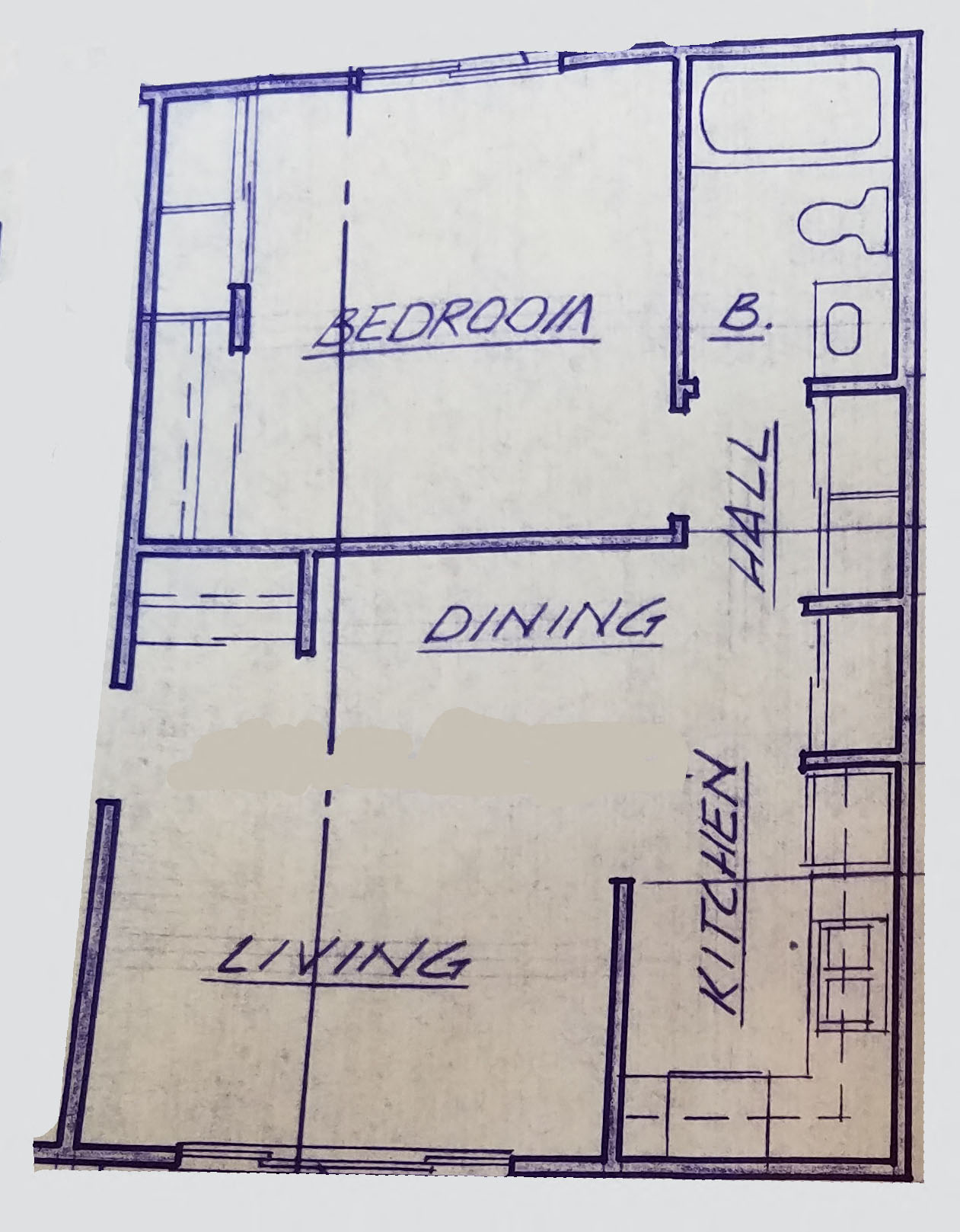 Floor plan for 1 bed, 1 bath, 576 sqft