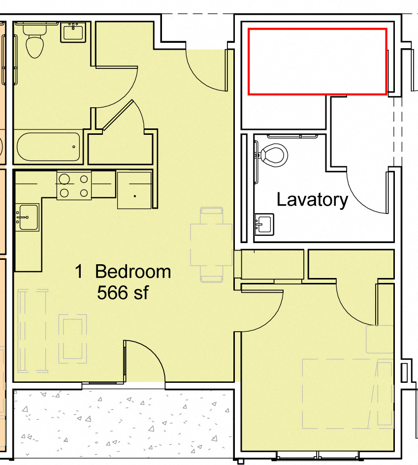 Floor plan for 1 bed, 1 bath, 566 sqft