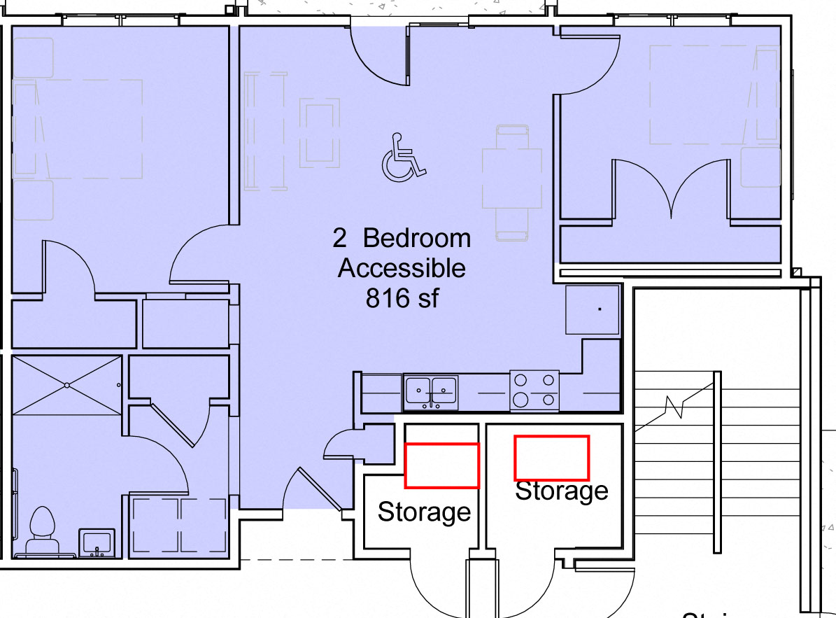 Floor plan for 2 beds, 1 bath, 816 sqft