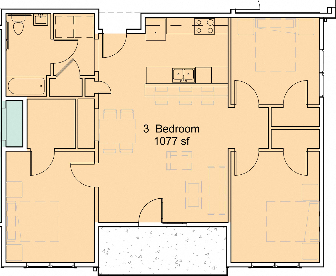 Floor plan for 3 beds, 1 bath