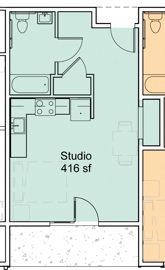 Floor plan for studio, 1 bath, 466 sqft