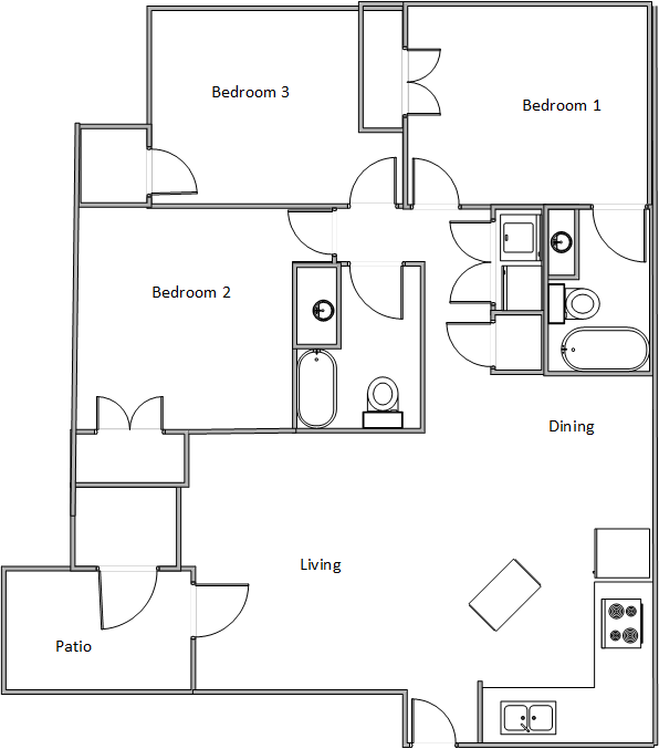 Floor plan for 3 beds, 2 baths, 1208 sqft