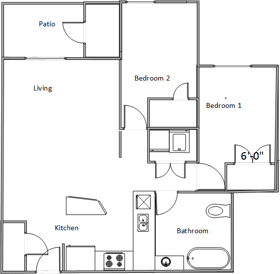 Floor plan for 2 beds, 1 bath, 951 sqft