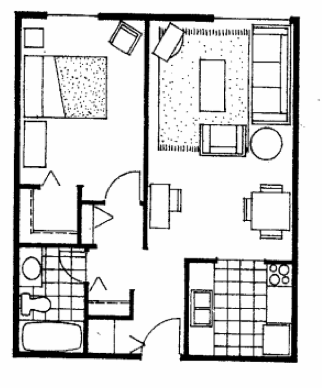 Floor plan for 1 bed, 1 bath