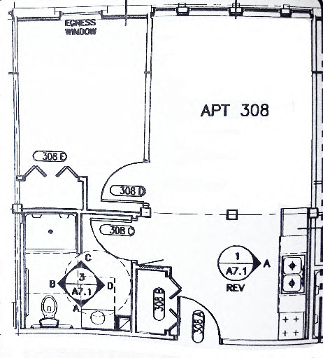 Floor plan for 1 bed, 1 bath, 740 sqft