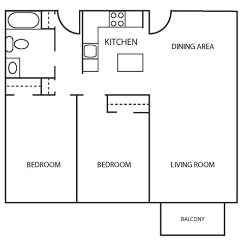 Floor plan for 2 beds, 1 bath, 950 sqft